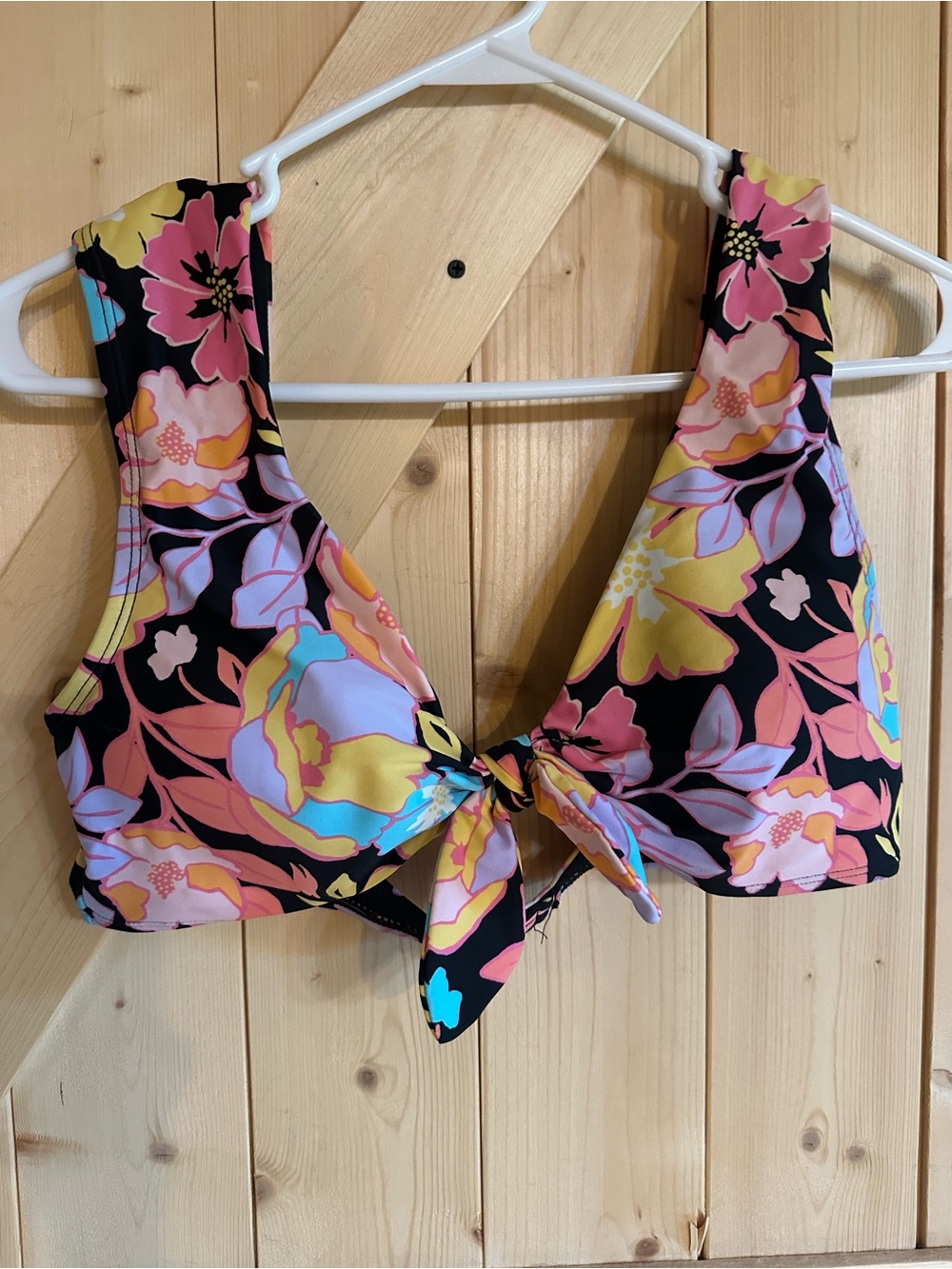 SO Floral Tie-Front Bikini Top in Black, Pink, Yellow, Blue